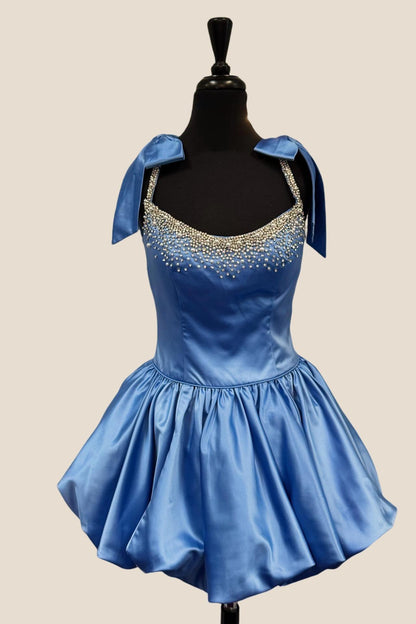 Straps Blue Beaded Bubble Short Dress with Bow