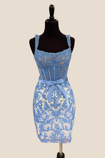 Straps Blue Lace Appliques Short Dress with Belt