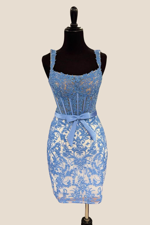 Straps Blue Lace Appliques Short Dress with Belt