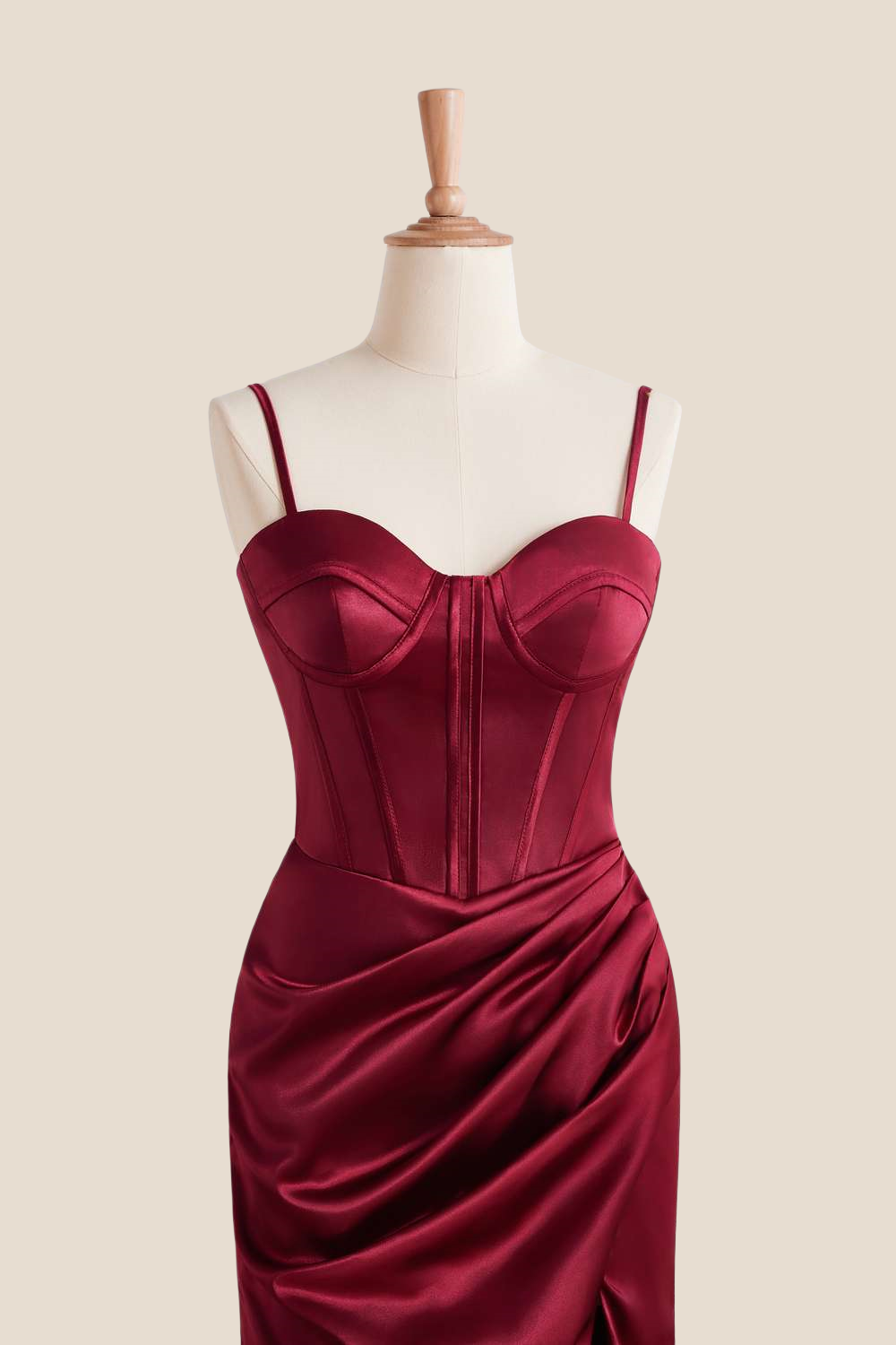 Straps Burgundy Ruched Long Dress with Slit