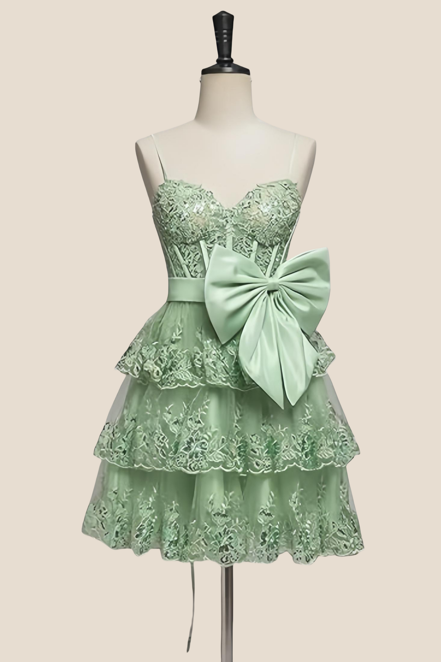 Straps Hot Pink Appliques Tiered Short Dress with Bow