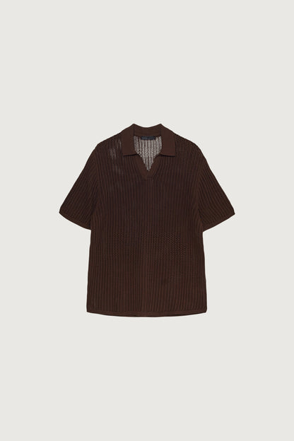 CROCHET COLLARED SHORT SLEEVE SWEATER