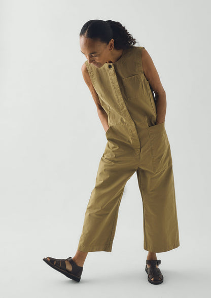 Sleeveless Cotton Twill Jumpsuit | Olive Leaf