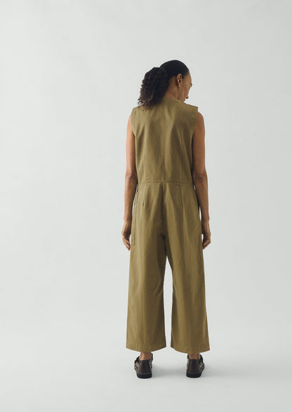 Sleeveless Cotton Twill Jumpsuit | Olive Leaf
