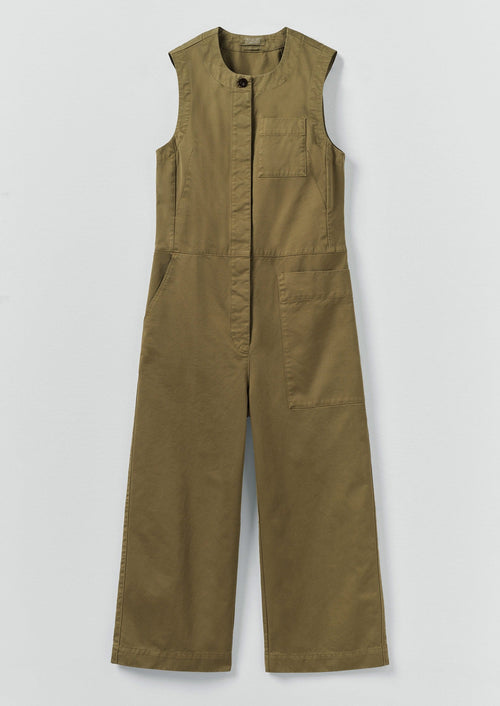 Sleeveless Cotton Twill Jumpsuit | Olive Leaf