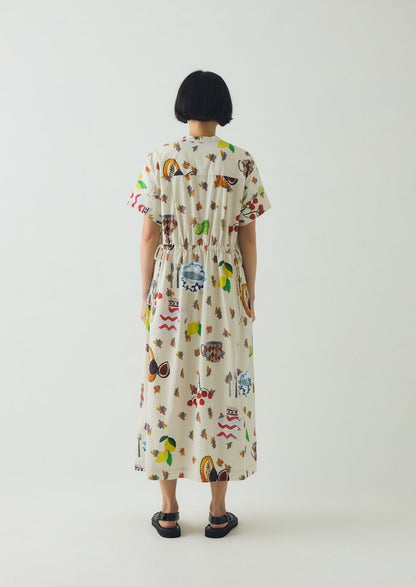 Table Setting Print Cotton Dress | Ecru Multi