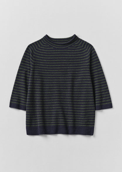 Stripe Wool Cashmere Half Sleeve Sweater | Dark Navy/Olive