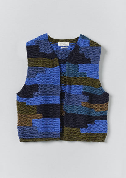 Patchwork Knitted Wool Gilet | Blue Multi