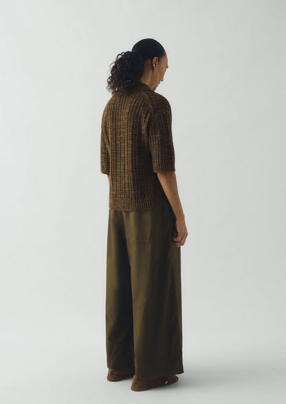 Open Stitch Knitted Linen Cotton Polo | Bronze Green