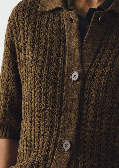 Open Stitch Knitted Linen Cotton Polo | Bronze Green