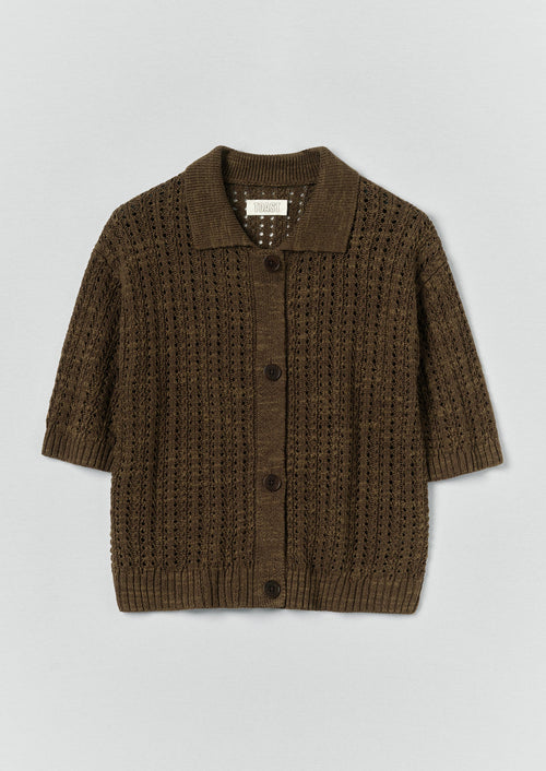 Open Stitch Knitted Linen Cotton Polo | Bronze Green
