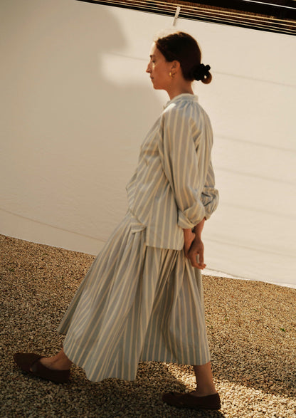 Pleated Stripe Cotton Skirt | Ecru/Blue