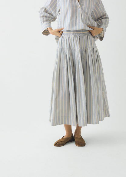 Pleated Stripe Cotton Skirt | Ecru/Blue