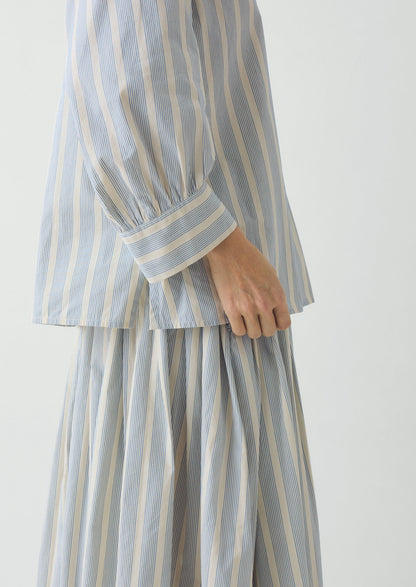 Pleated Stripe Cotton Skirt | Ecru/Blue
