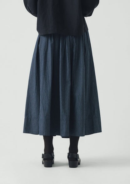 Railroad Stripe Pleated Cotton Skirt | Denim Blue