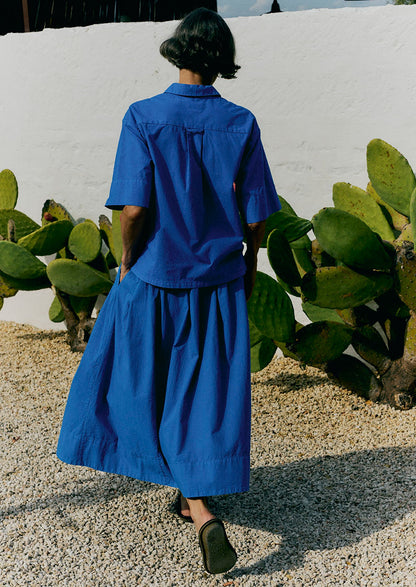 Pleated Cotton Linen Poplin Skirt | Enamel Blue