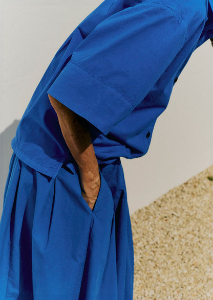 Pleated Cotton Linen Poplin Skirt | Enamel Blue