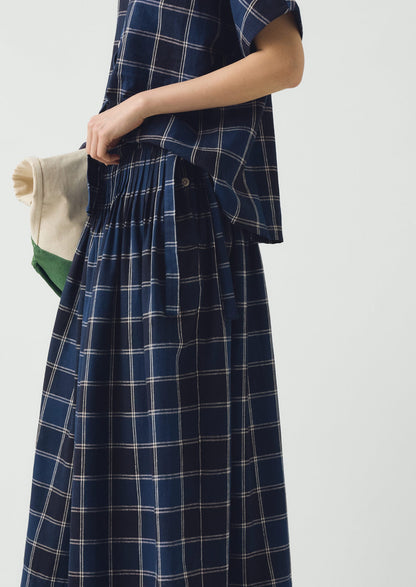 Market Check Pleated Cotton Linen Skirt | Denim Blue