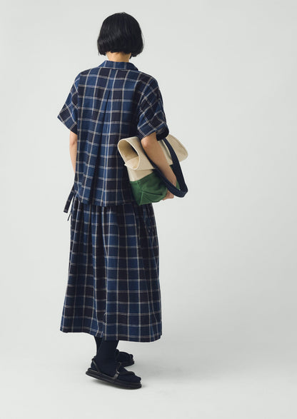 Market Check Pleated Cotton Linen Skirt | Denim Blue