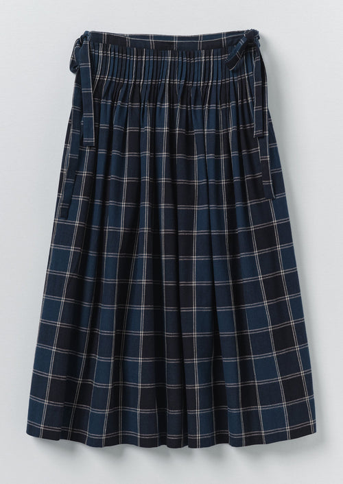 Market Check Pleated Cotton Linen Skirt | Denim Blue