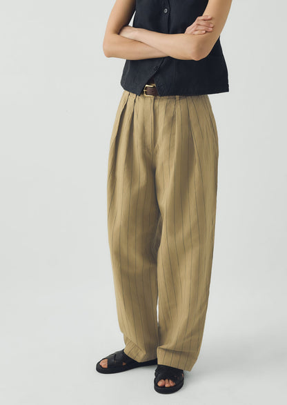 Pleat Front Stripe Cotton Linen Trousers | Fennel Seed
