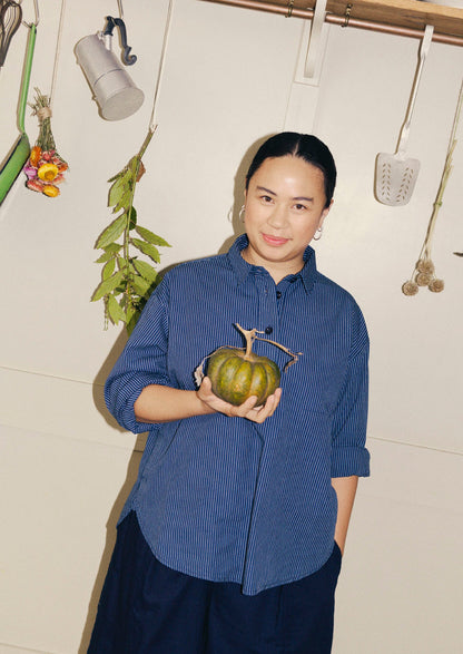 Railroad Stripe Cotton Smock Popover Shirt | Denim Blue