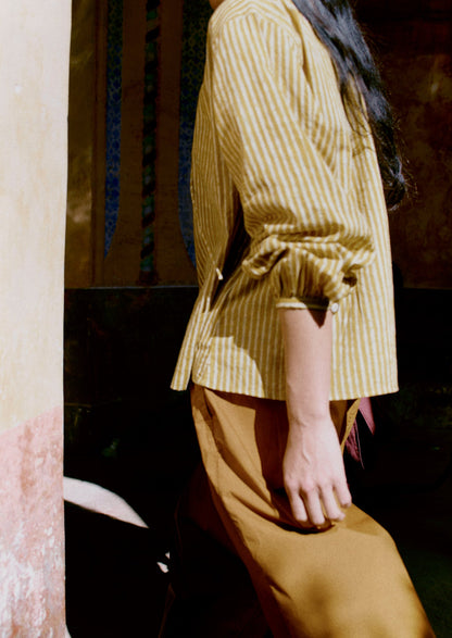 Natural Dye Stripe Cotton Gathered Top | Tumeric
