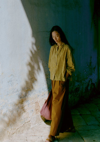 Natural Dye Stripe Cotton Gathered Top | Tumeric