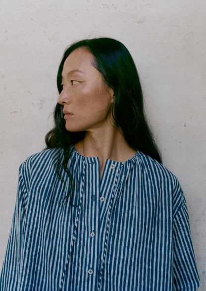Natural Dye Stripe Cotton Gathered Top | Indigo