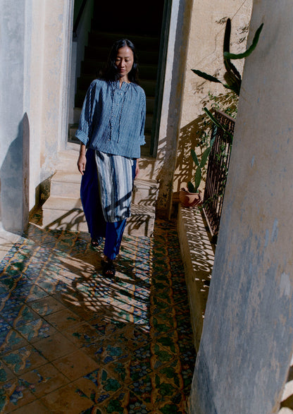Natural Dye Stripe Cotton Gathered Top | Indigo