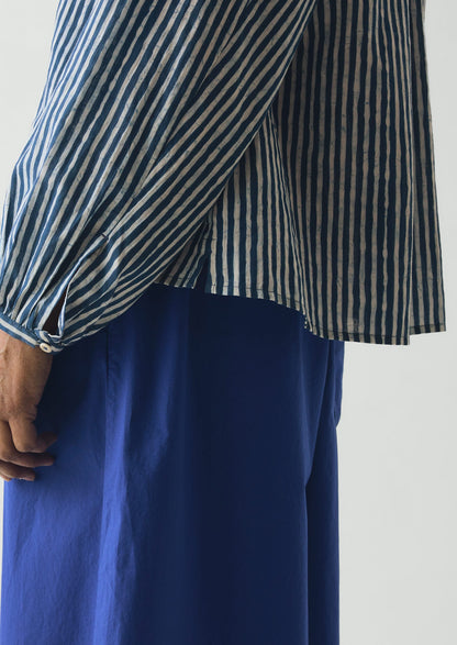 Natural Dye Stripe Cotton Gathered Top | Indigo