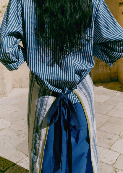 Natural Dye Stripe Cotton Gathered Top | Indigo