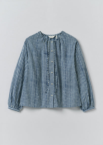 Natural Dye Stripe Cotton Gathered Top | Indigo