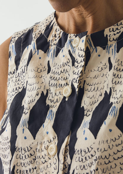 Market Fish Print Cotton Poplin Top | Slate
