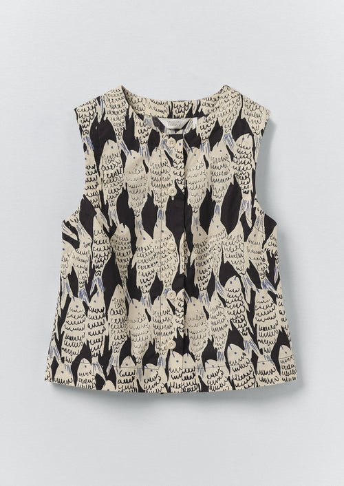 Market Fish Print Cotton Poplin Top | Slate