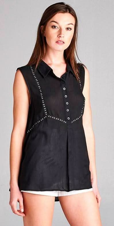 Heather Black Button Front Sleeveless Collared Shirt