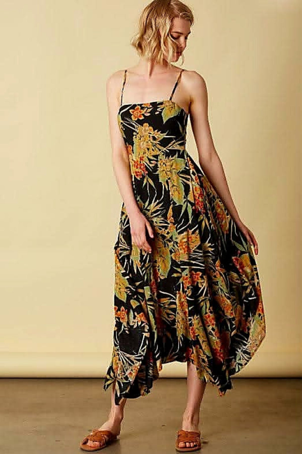 Tropical Thunder Black Floral Tie Back Midi Dress
