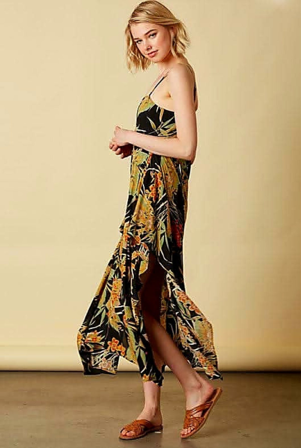 Tropical Thunder Black Floral Tie Back Midi Dress