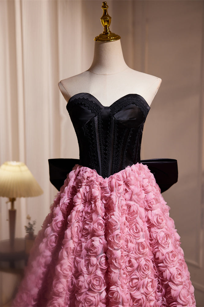 Sweetheart Black and Pink Floral Tea Length Dress