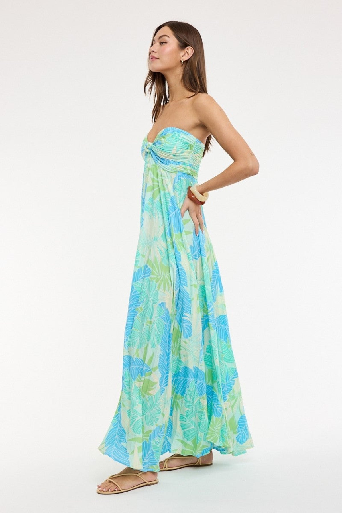Willow Blue and Green Tropical Print Strapless Maxi Dress