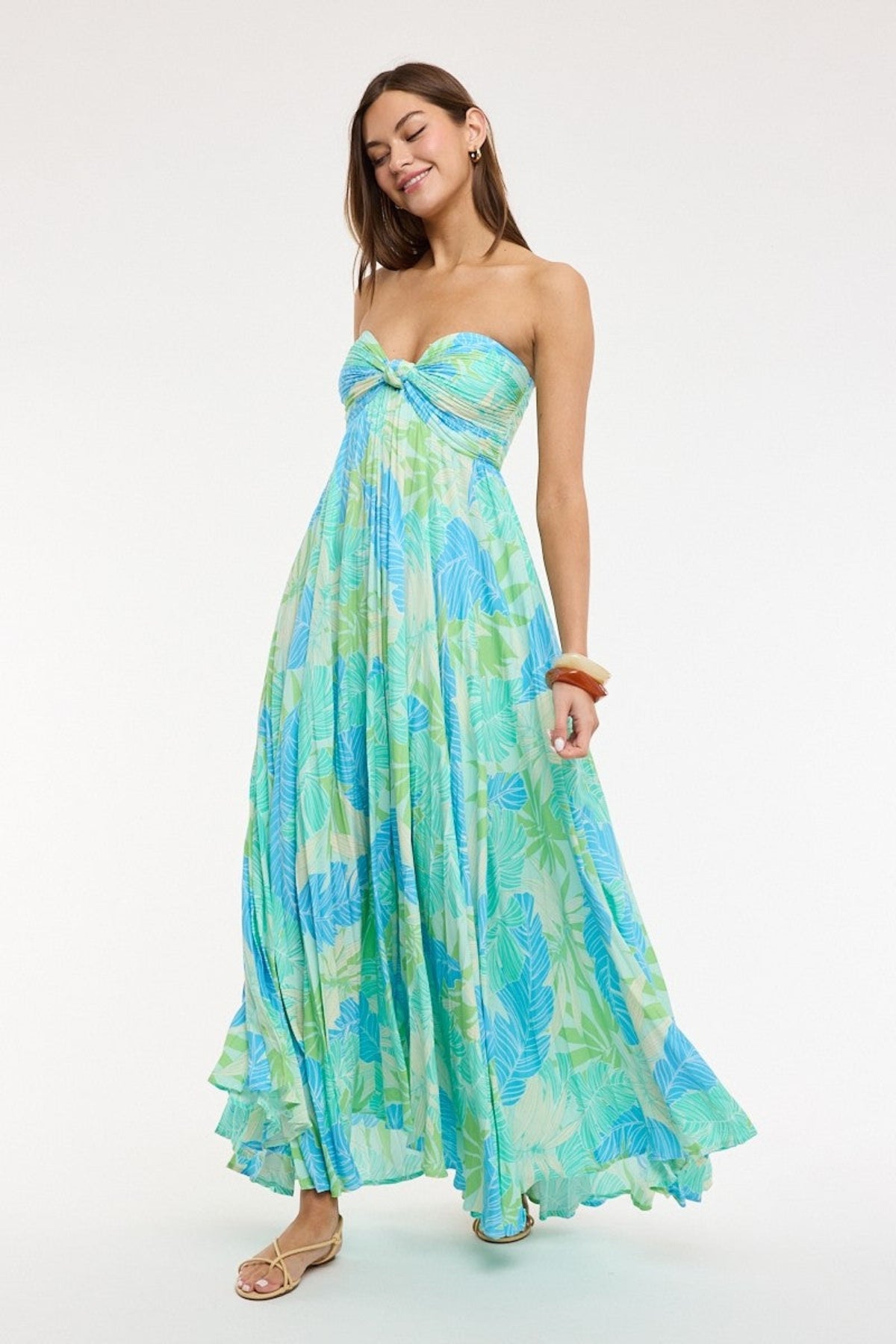 Willow Blue and Green Tropical Print Strapless Maxi Dress