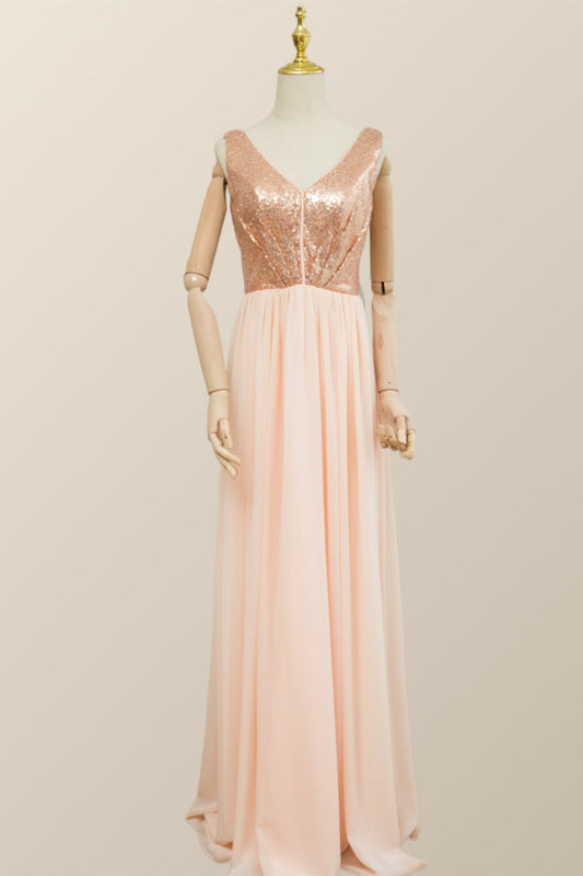 V Neck Rose Gold Sequin and Chiffon Long Bridesmaid Dress
