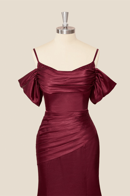 Straps Burgundy Ruched Mermaid Long Party Dress