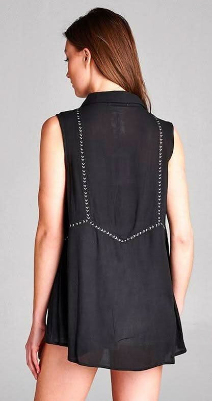 Heather Black Button Front Sleeveless Collared Shirt