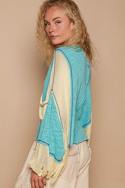 Kelsey Aqua and Yellow Oversized V Neck Top