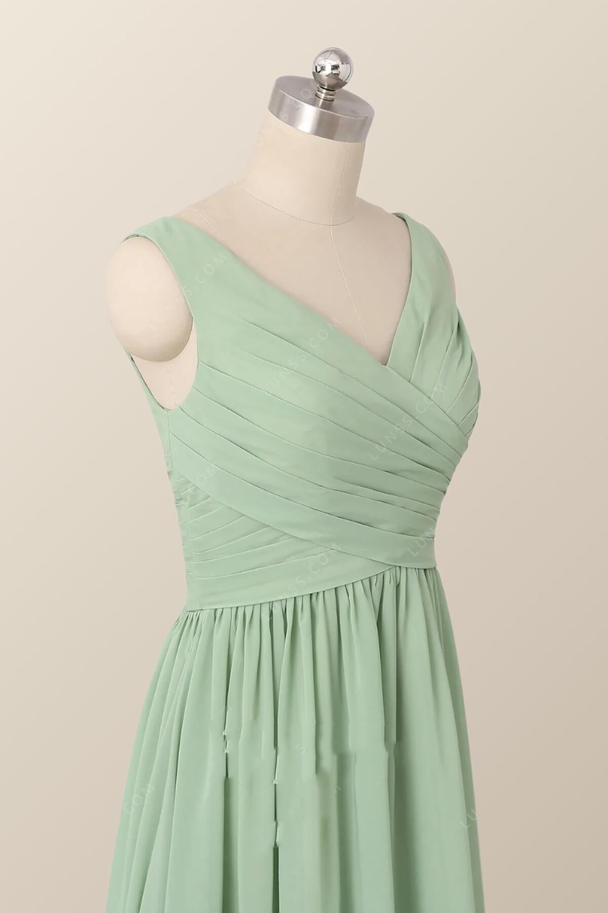 Pleated V Neck Mint Green Chiffon Bridesmaid Dress