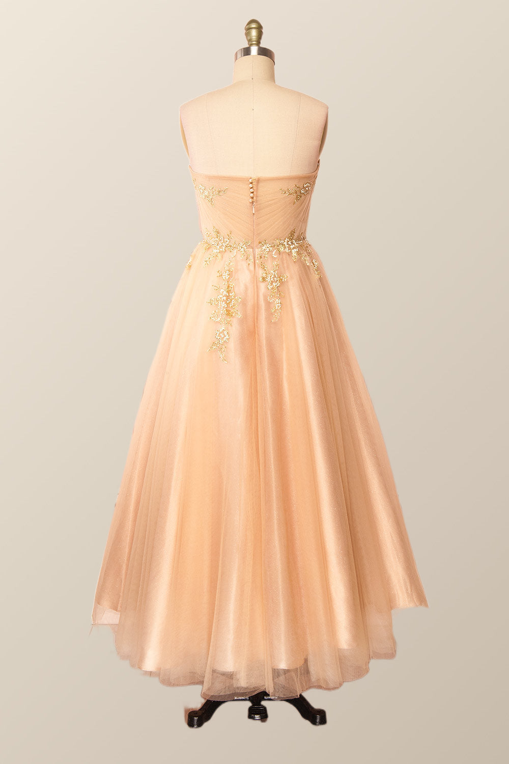 Sweetheart Champagne Tulle Tea Length Dress with Gold Sequins