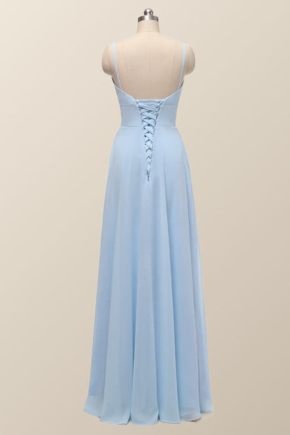 Straps Blue Empire Chiffon Long Bridesmaid Dress