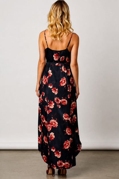Heidi Navy Satin Floral Wrap Dress