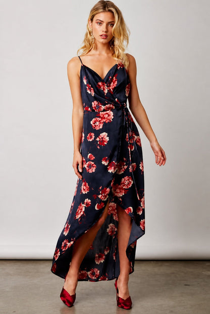 Heidi Navy Satin Floral Wrap Dress